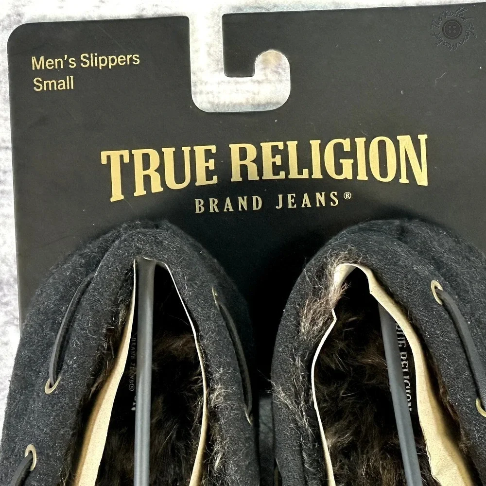 NWT True Religion Slippers House Shoes Black & White Brown Lining Mens Small 7-8